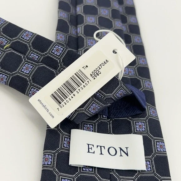 Eton Tie Mens One Size Navy Blue Silk Geometric Medallion Made Italy Necktie NWT